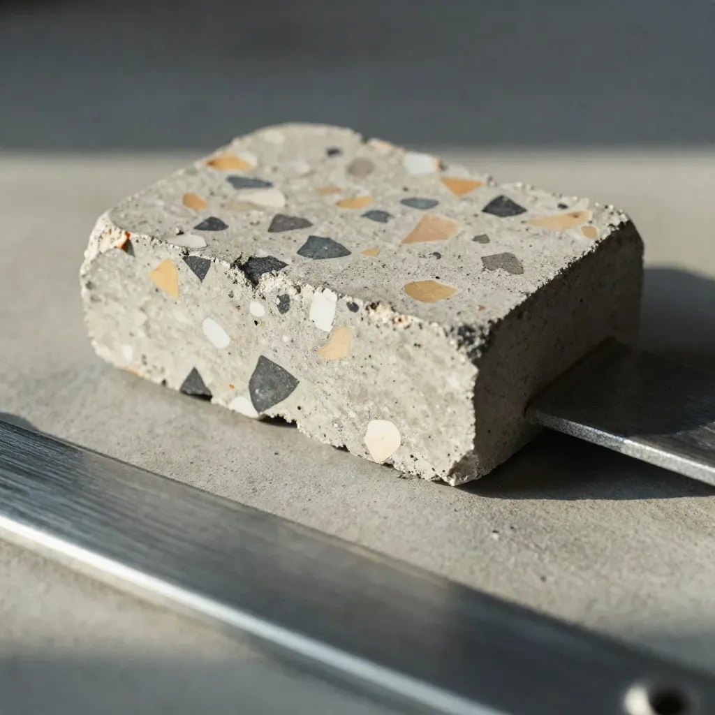 Terrazzo chips, steel bracket, and concrete core sample on stone with brushed metal blur.