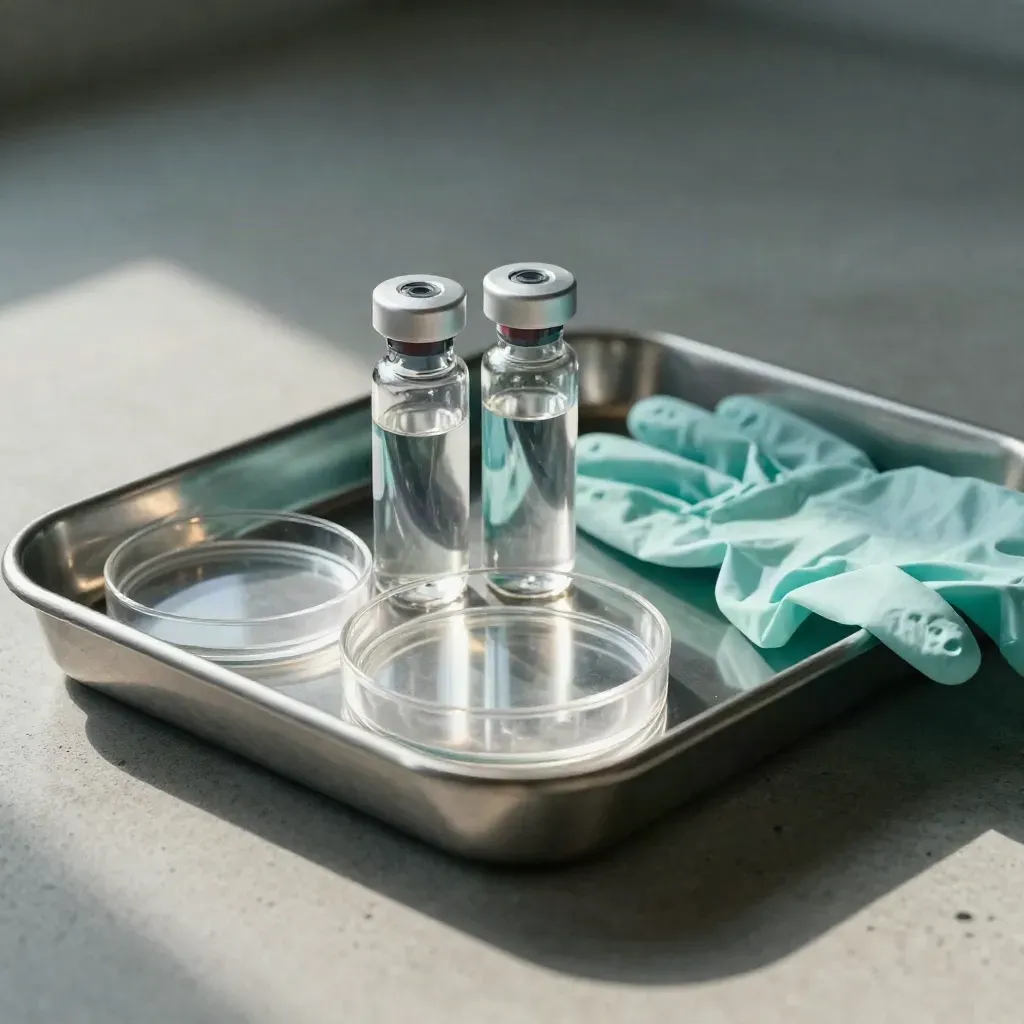 Stainless lab tray with sample vials, petri dish lid, and glove box on concrete.