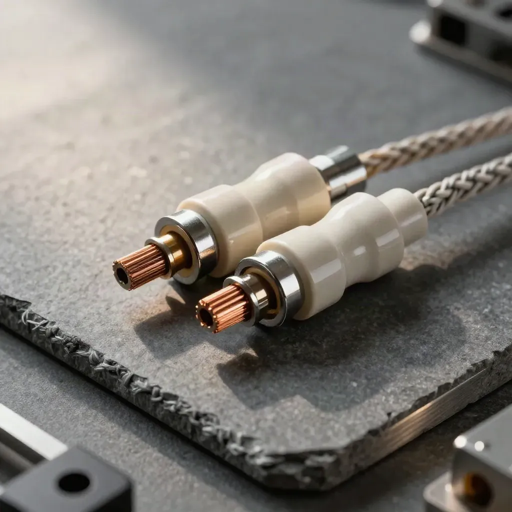 Top-down macro of connector shells, braided cable ends, and anodized standoffs on graphite stone.
