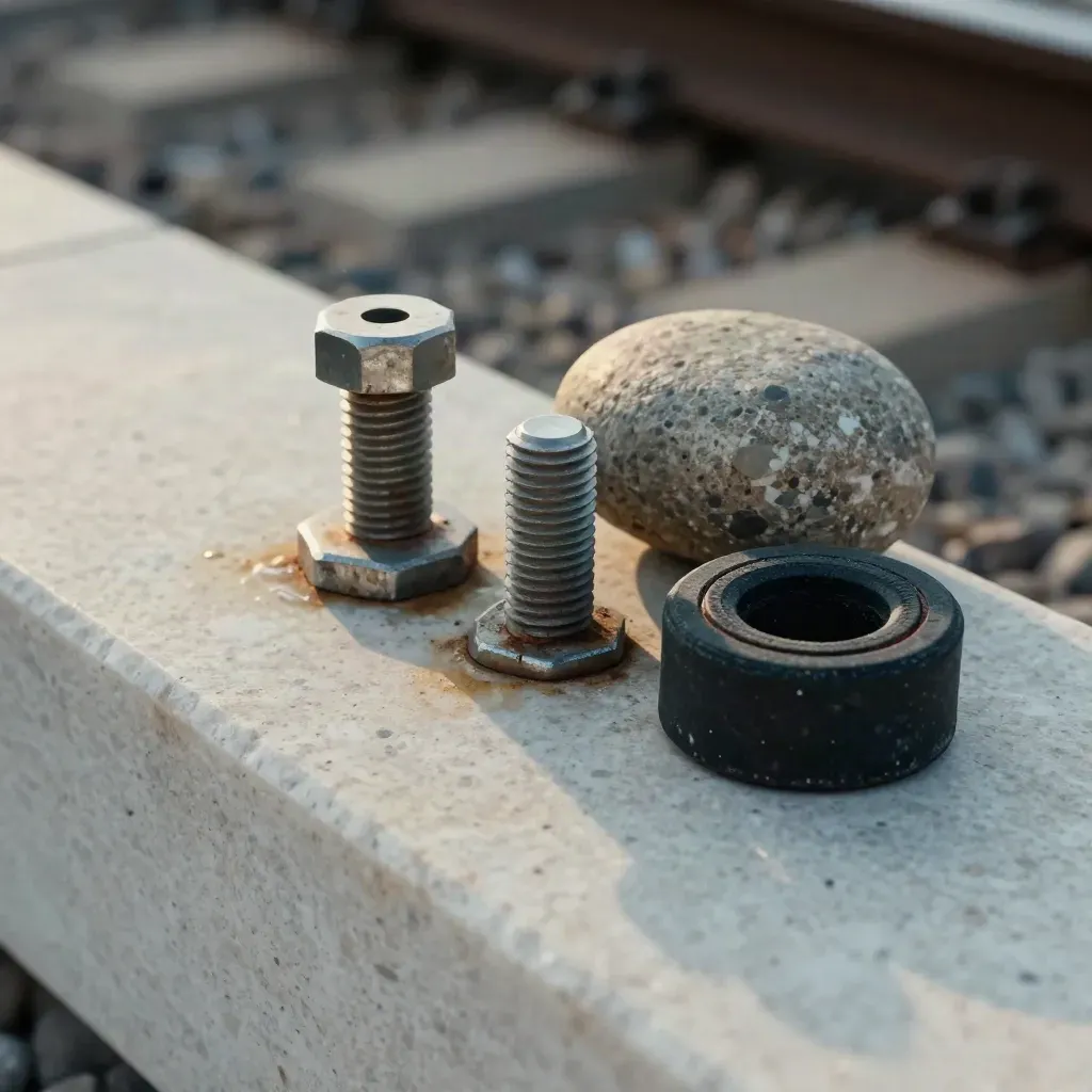 Rail coupling pin, weathered bolt, ballast, and rubber spacer on stone in dusty side light.