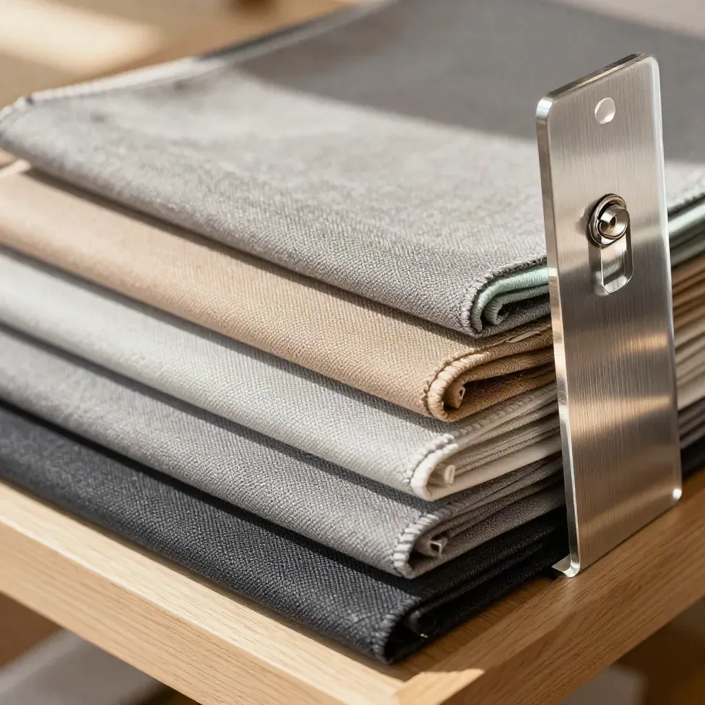 Fabric swatches, acrylic shelf clip, and aluminum riser on pale wood in macro detail.
