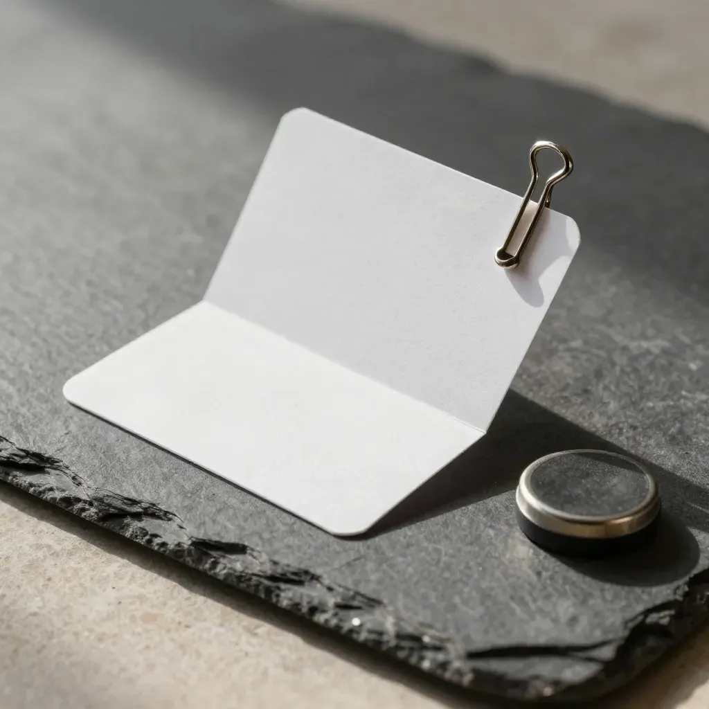 Foldout concept test cards, metal clip, and timing puck on slate.