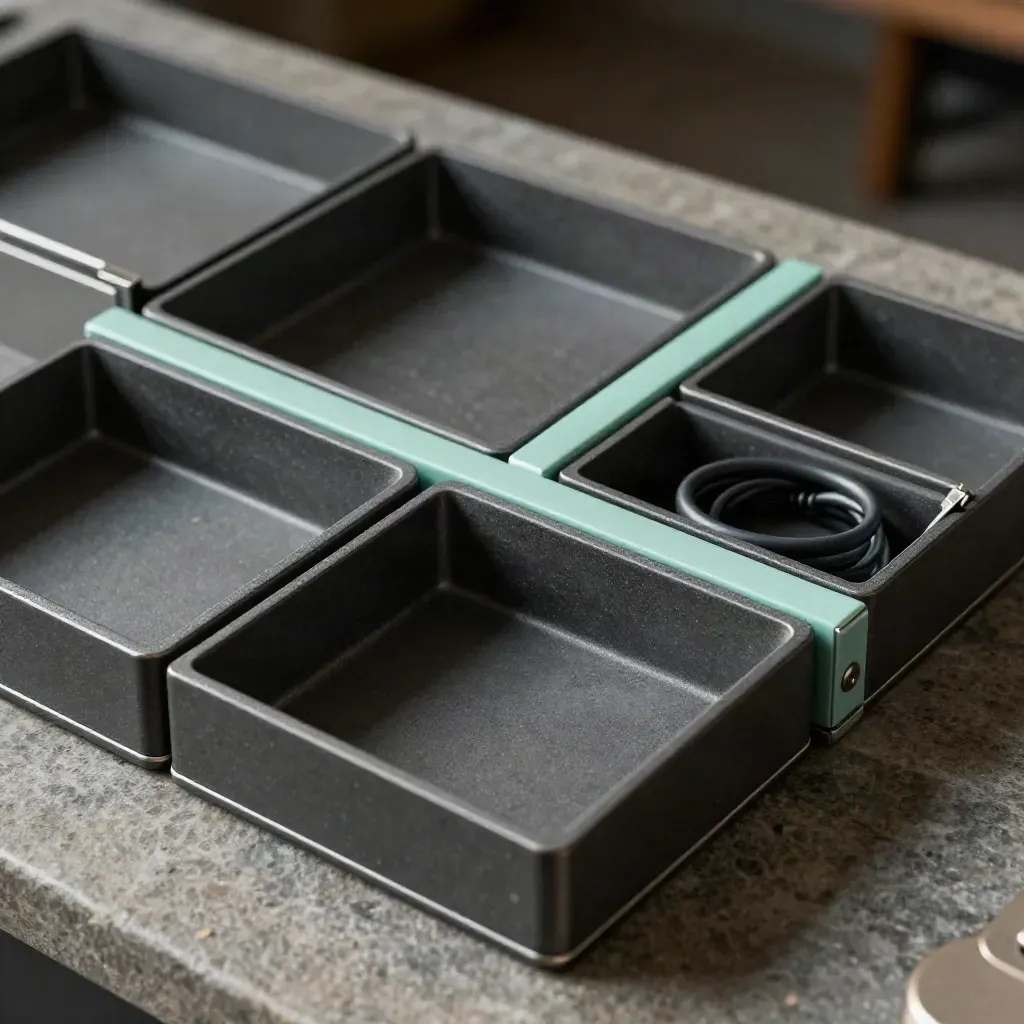 Graphite modular trays with a mint divider strip and cable organizer on cool stone.