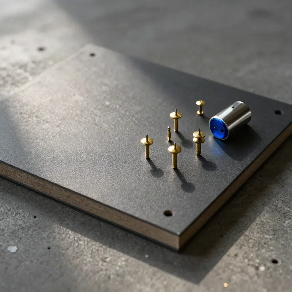 Macro flat lay of a perforated pinboard tile with brass pins and a stainless paperweight on dark concrete.