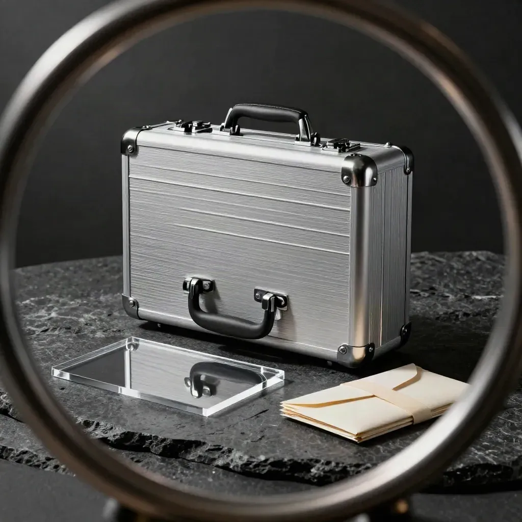 Closed aluminum case, acrylic tile, and sealed envelopes on dark stone with a blue glint.