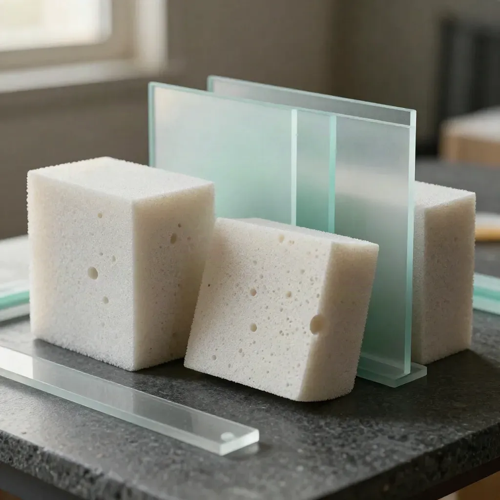Macro still life of foam prototype blocks and frosted divider sheets behind a blurred acrylic pane.