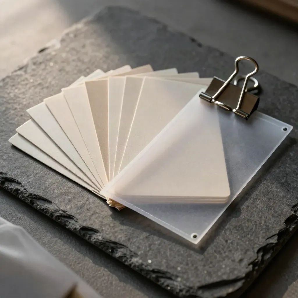Top-down proof chips and binder clip on brushed stone, styled for agency approvals.