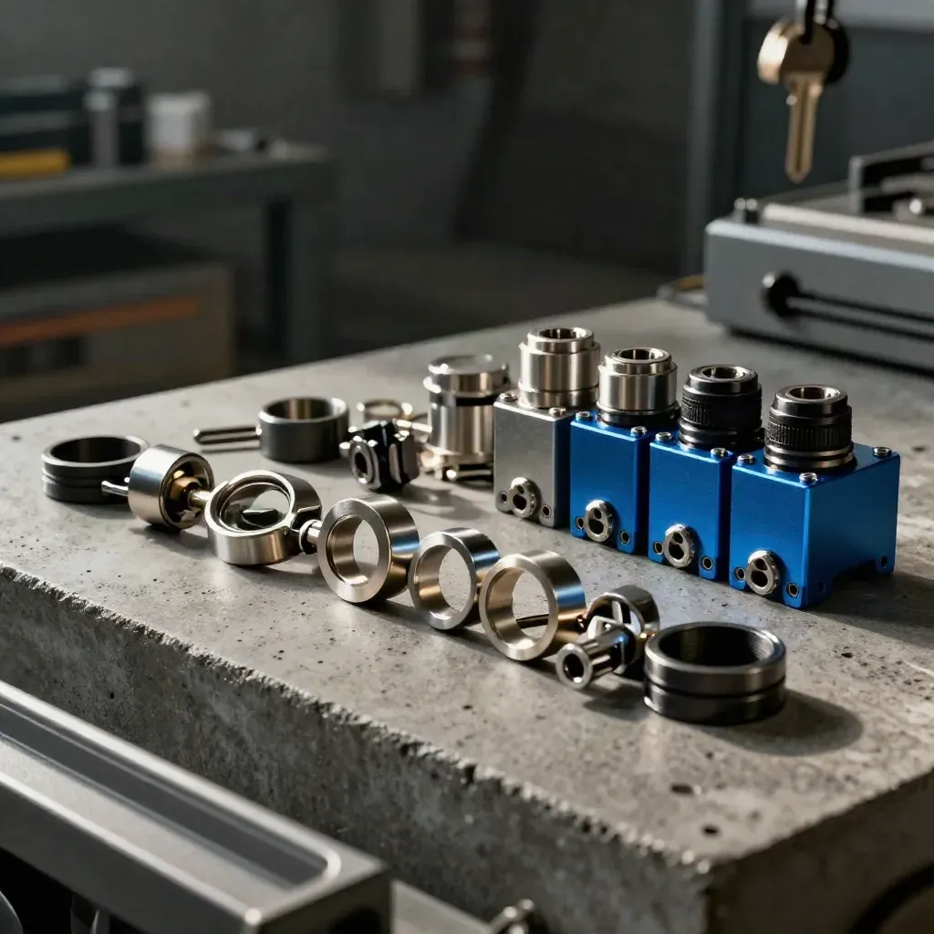 Machined rings, connectors, and modular blocks on concrete with a subtle electric-blue accent.