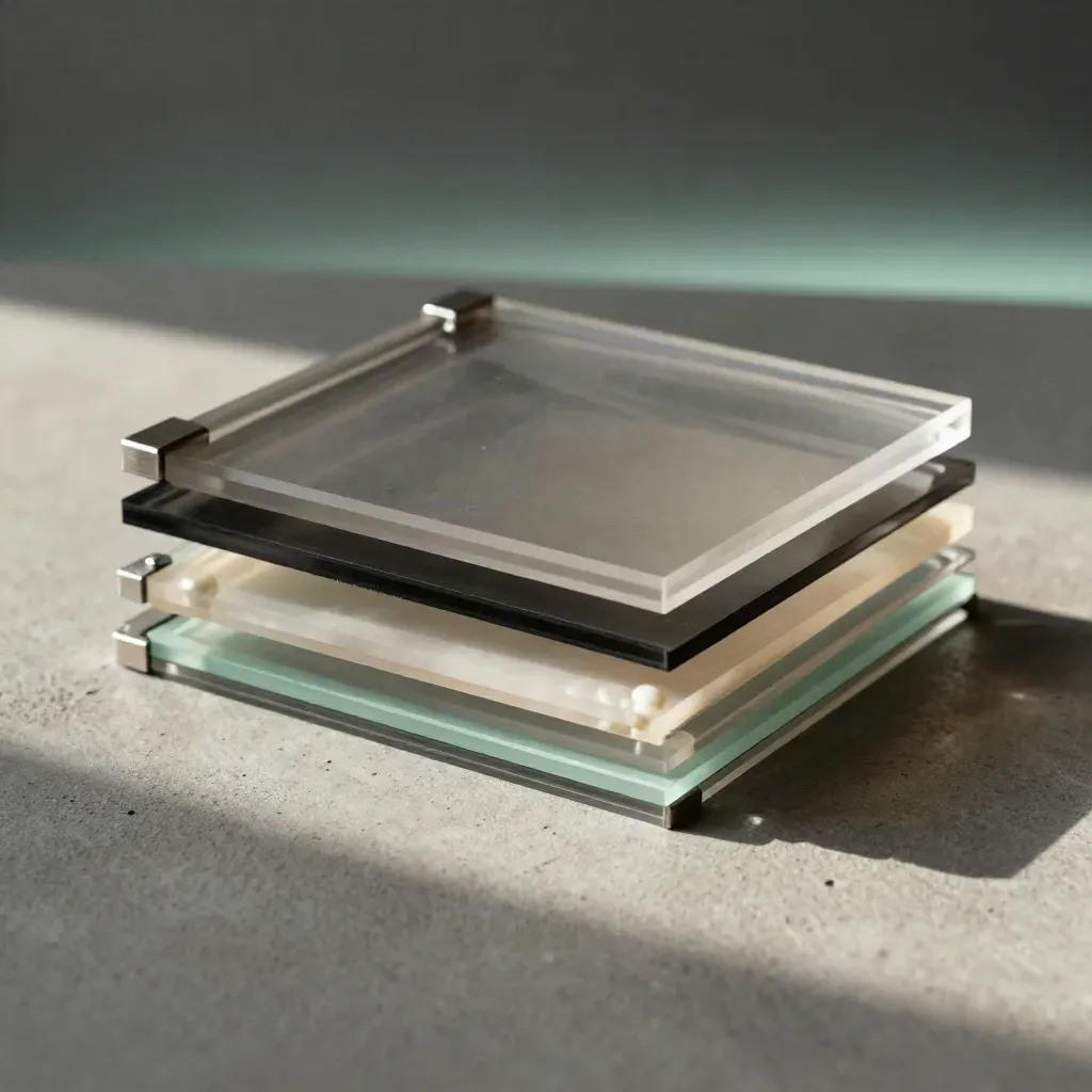 Translucent acrylic layers with magnets on concrete, softly lit with a mint accent.