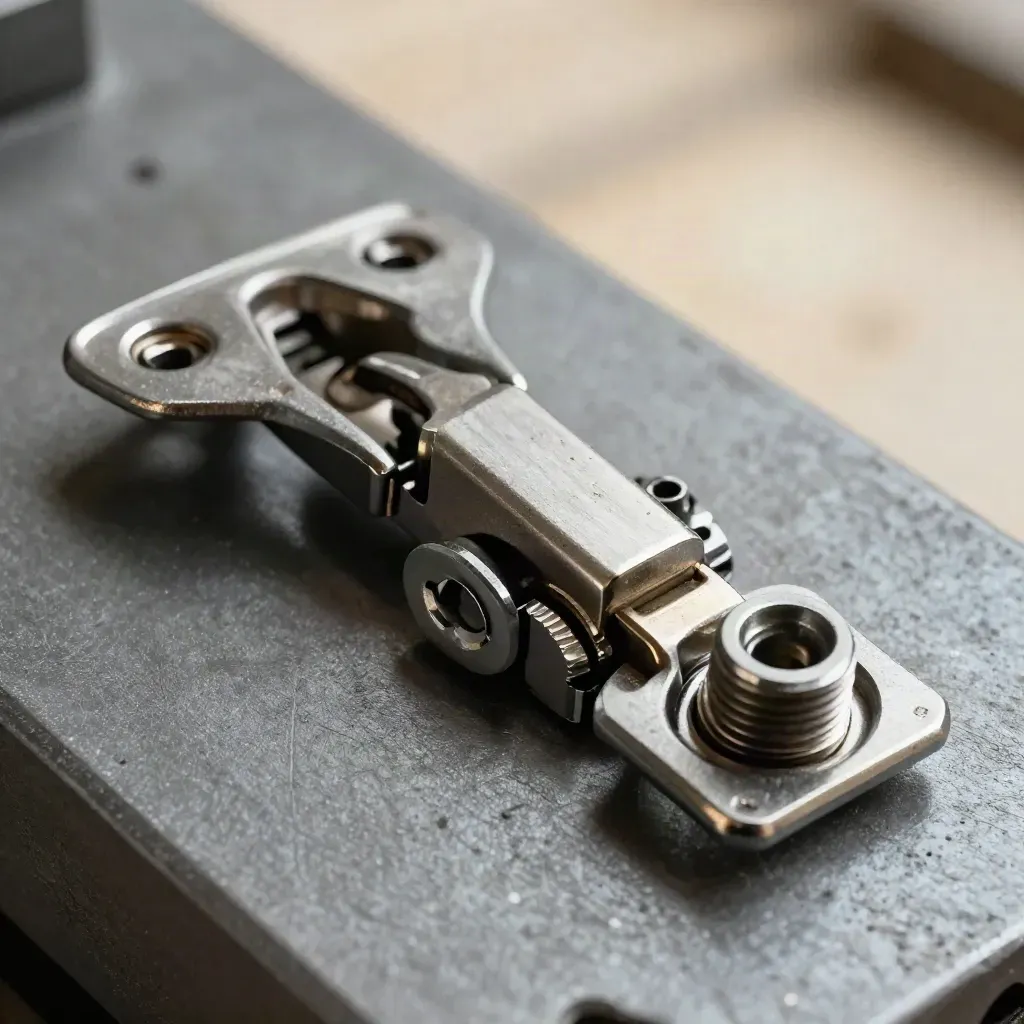 Macro of machined couplers and clamp parts aligned on graphite metal in a precise sequence.