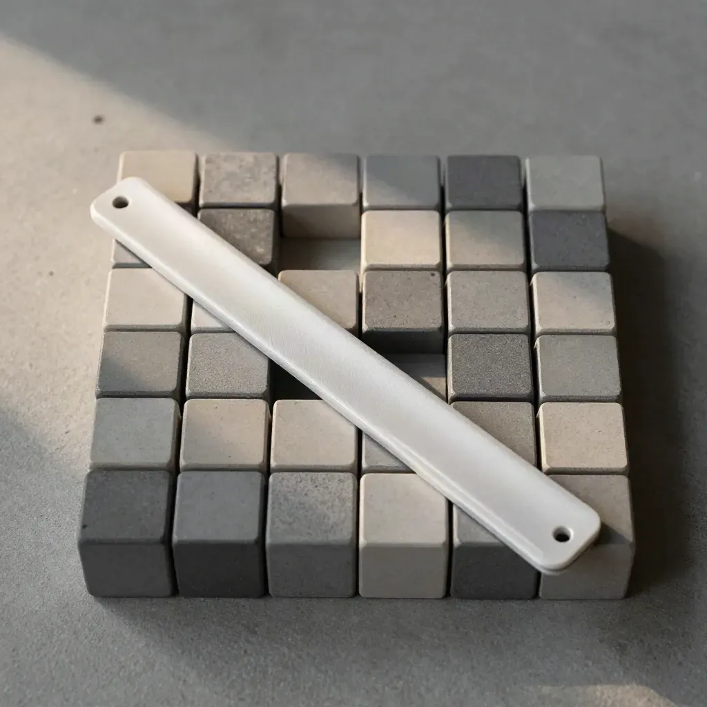 Macro of graphite modular blocks, a sliding rail, and a white magnetic sleeve on concrete.