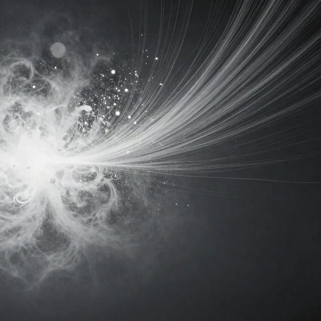 Silver light filaments bloom in graphite space with a calm copy area.